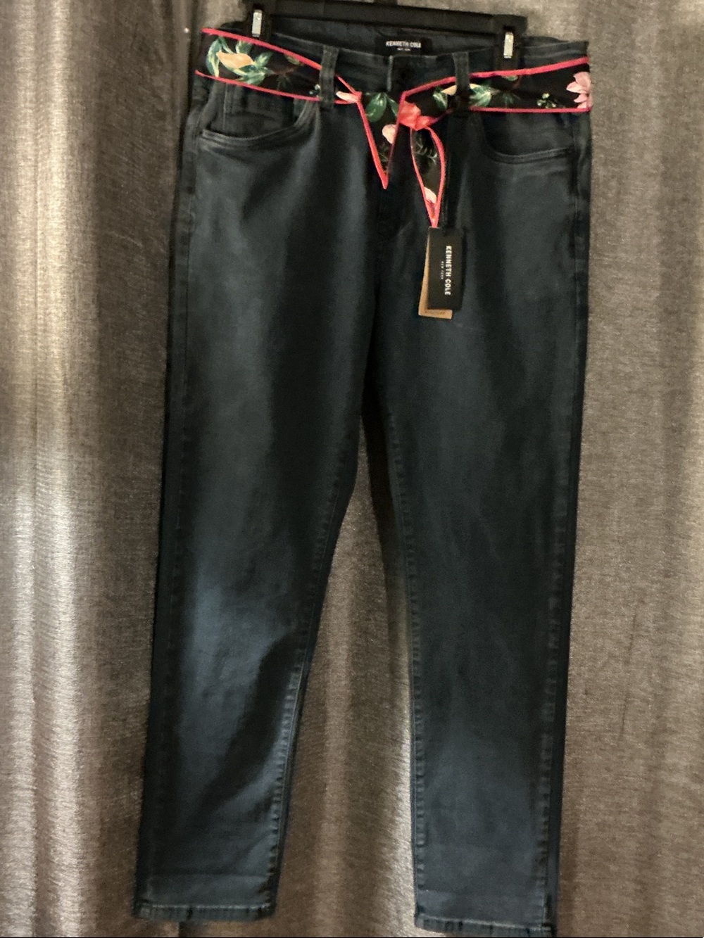 Kenneth Cole Black Boot-Cut Jeans with Floral Waist Sash